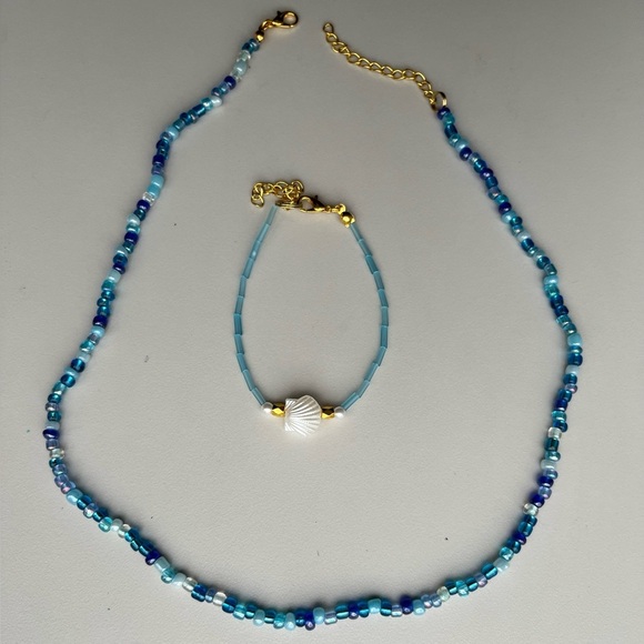 Jewelry - Handmade necklace & bracelet pack gold blue seed beads pearl shell